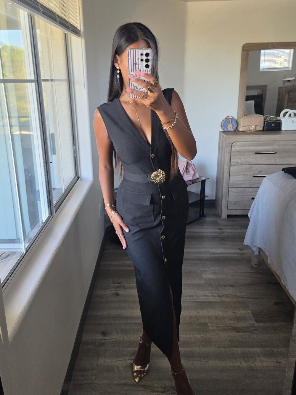 Zara Black Sleeveless Midi Dress with Gold-Tone Buttons Classic Chic